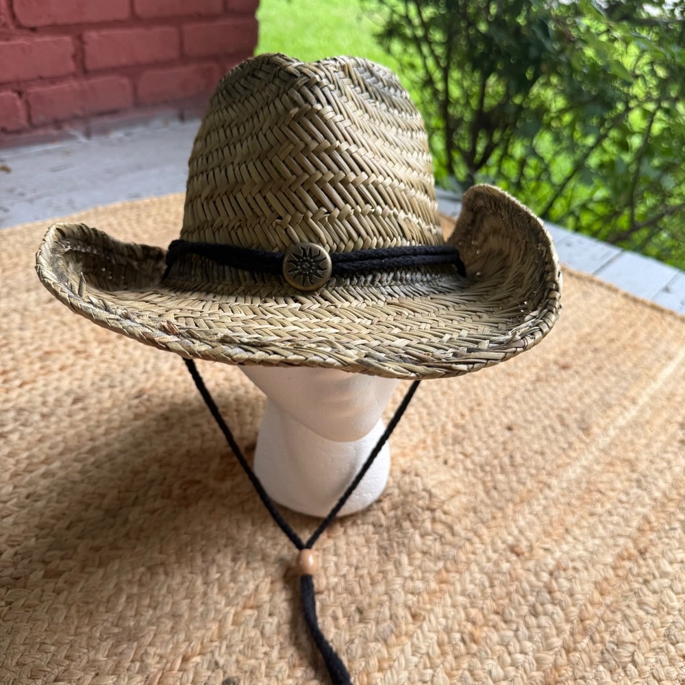 Q Headwear Natural Straw Cowboy Hat Sun Concho Adjustable Chin Strap Festival